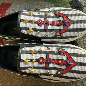 Dolce & Gabbana Black and White Striped Sneakers with Red and Gold Accents